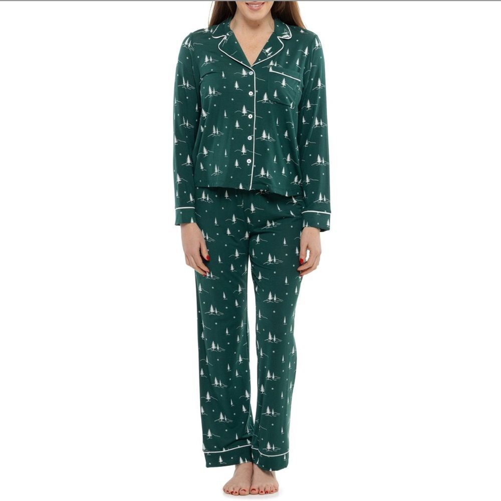 cupcakes & cashmere Green White Christmas Tree Notched Collar Long Sl Pants PJ